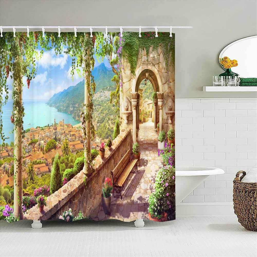Rideaux de douche jardin paysage rideau de douche étanche en polyester tissu en mer de la mer des fleurs coudeurs de salle de bain décoration intérieure