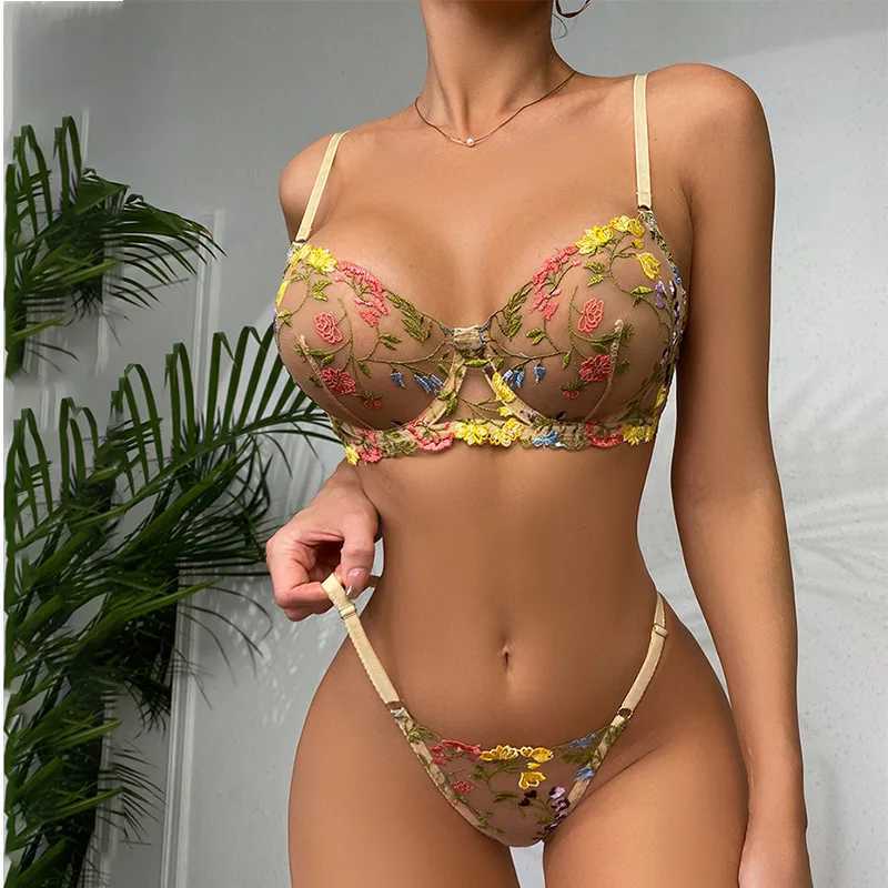 Damenhöche Yimunancy 2-teiliger Spitze BH Set Womens Floral Stickerei Unterwäsche Set Transparent Khaki Unterwäsche Setl2404