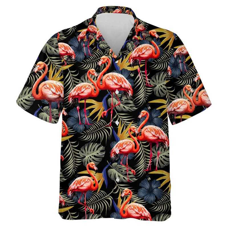 Men's Casual Shirts Hip Hop Hawaiian Flamingo 3D Printed Beach Shirts Aloha Animal Short Sleeve Vacation Women Lapel Blouse Fashion Button Y2k Tops 240424