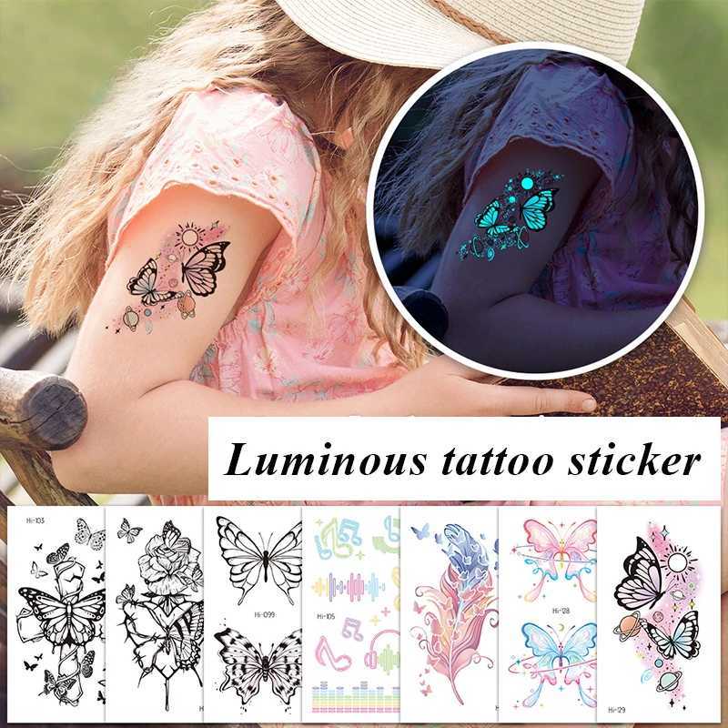 Tattoo Transfer Blue Luminous Butterfly Tattoo Aufkleber Frauen Arm Gesicht glühend Tattoos Körperkunst Tattoos Schmetterling Elektrische Silbe Party Tattoo 240427