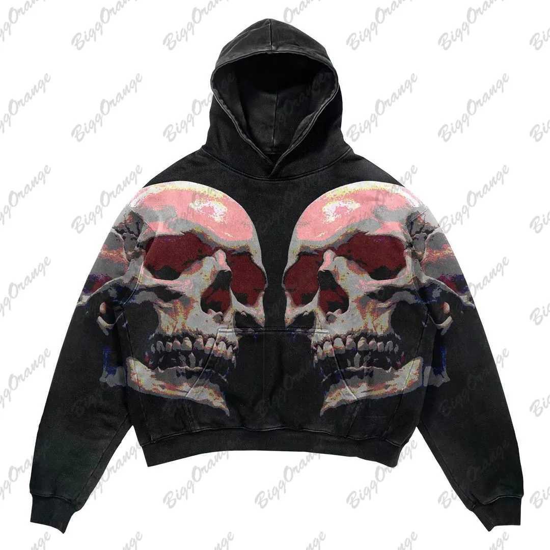 Herren Hoodies Sweatshirts Y2k New Dark Oversize Hoodie Skull Print High Strt Hip-Hop Retro-Design-Mantel verdickte obere Sudaderas Para Mujer Harajuku H240425