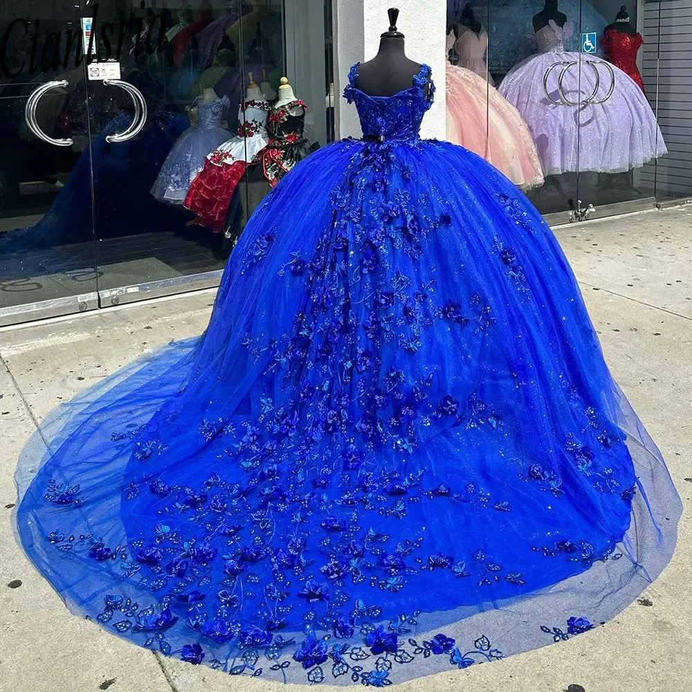 Royal Blue Off the Spalla 3D Balfalla Abito da ballo Quinceanera Abiti Appliques Corsetto in pizzo Sweet 15 Vestidos de 15 Anos
