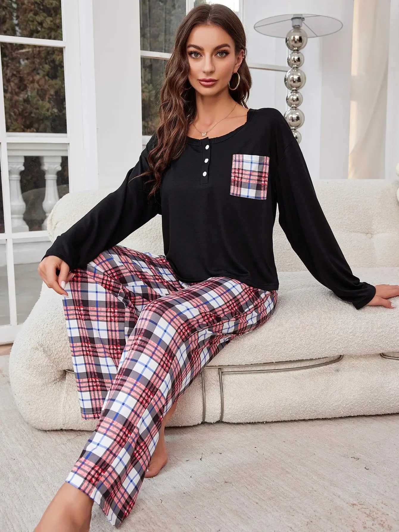 Women's Sleepwear Front Button Women Pajama Sets Long Slves Screw Neck Top Full-Length Plaid Pants Female Slpwear For Spring Fall Y240426