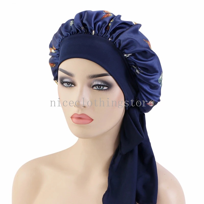 نساء ساتان طباعة قبعة نوم قبعة نوم ليلة طويلة الشريط العناية بالشعر بونيه Nightcap Chemo Chemo Caps و Head Dancf Wrap Turban