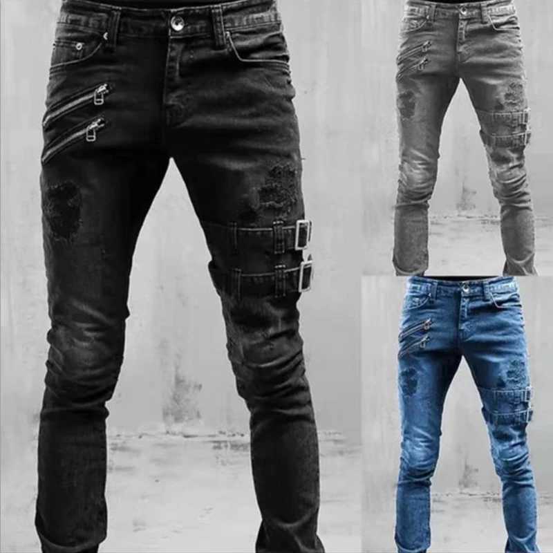 Jeans masculin pour hommes hauts et jeans à la mode à la mode printemps et été Boyfriend Motorcycle Street portant un pantalon de denim décontracté