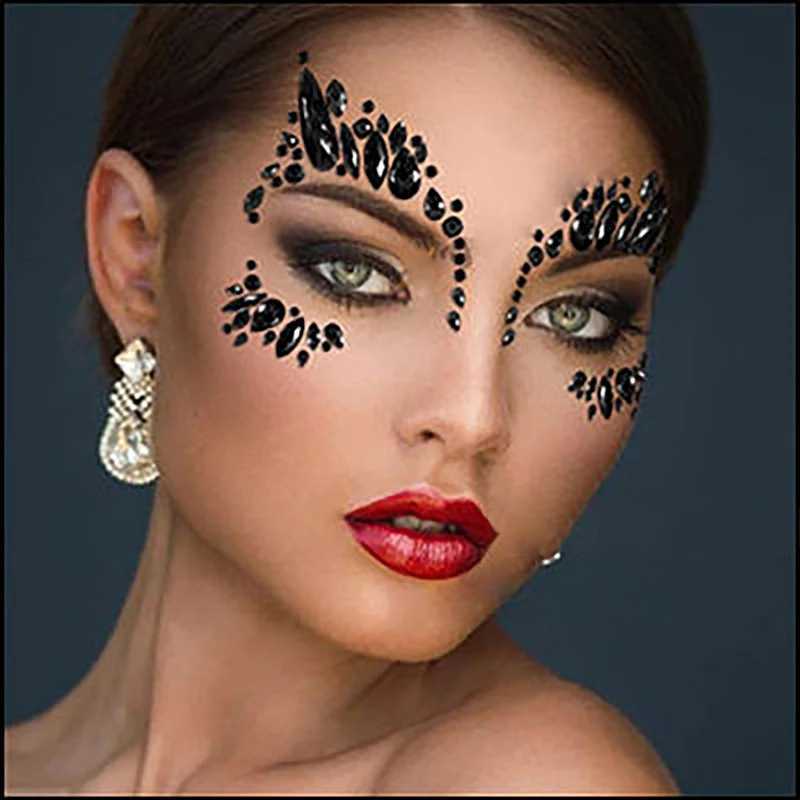 Tattoo Transfer Black 3D Crystal Face Stickers Festival Jewel Rhinestone Adhesive Temporary Tattoo Sexy Body Art Shiny Tattoo Gem Beauty Sticker 240427