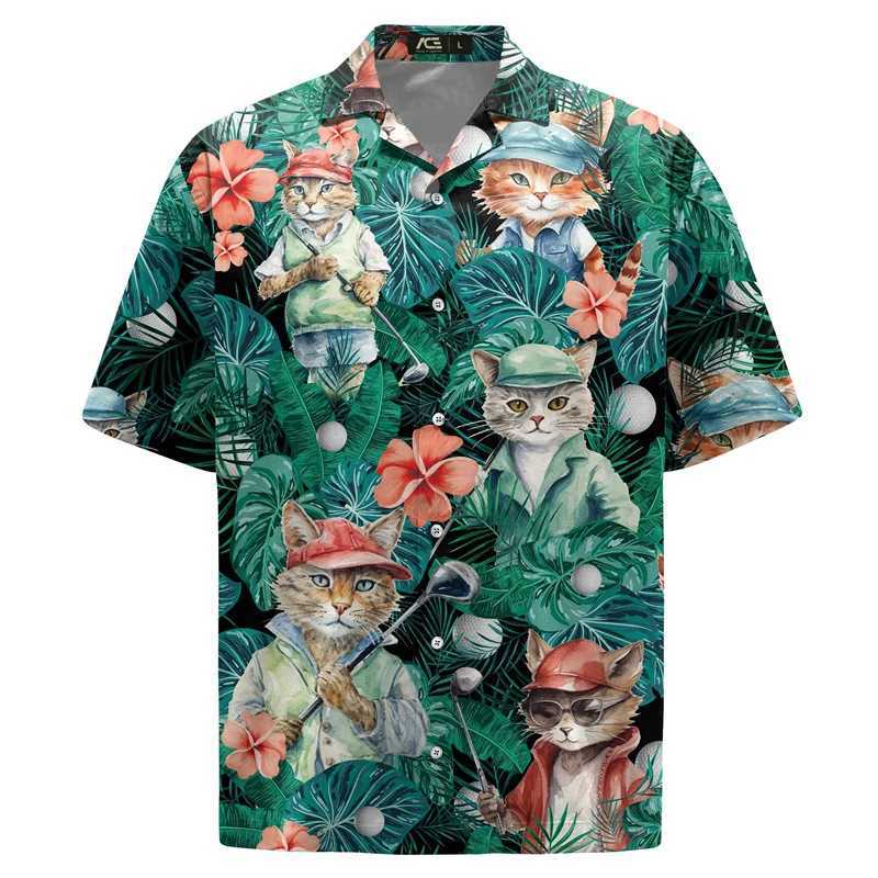 Mäns casual skjortor djur katt tvättbjörn hawaiian skjortor män 3d tryck dinosauri mönster skjorta knapp lapel korta ärmar mode aloha skjorta kläder 240424