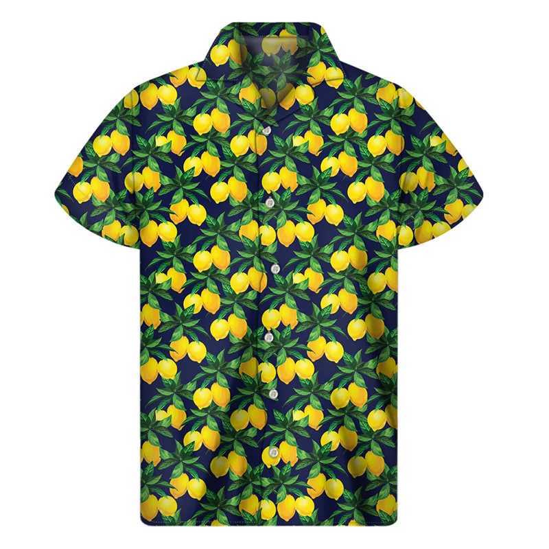 Camisetas casuais masculinas da KF02 Camisa Lemão 3D Men Summer Vacation Plants Tropical Plantas gráficas Mangas curtas de lapela Hawaiian Button Aloha Blouse 240424