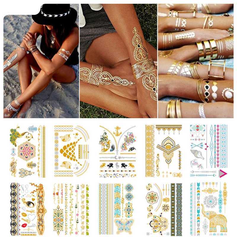 Tatueringsöverföring Flash Tattoo Sticker Gold Temporary Tattoo Women Party Body Arm Art Metallic False Waterproof Tattoos Stickers 240426