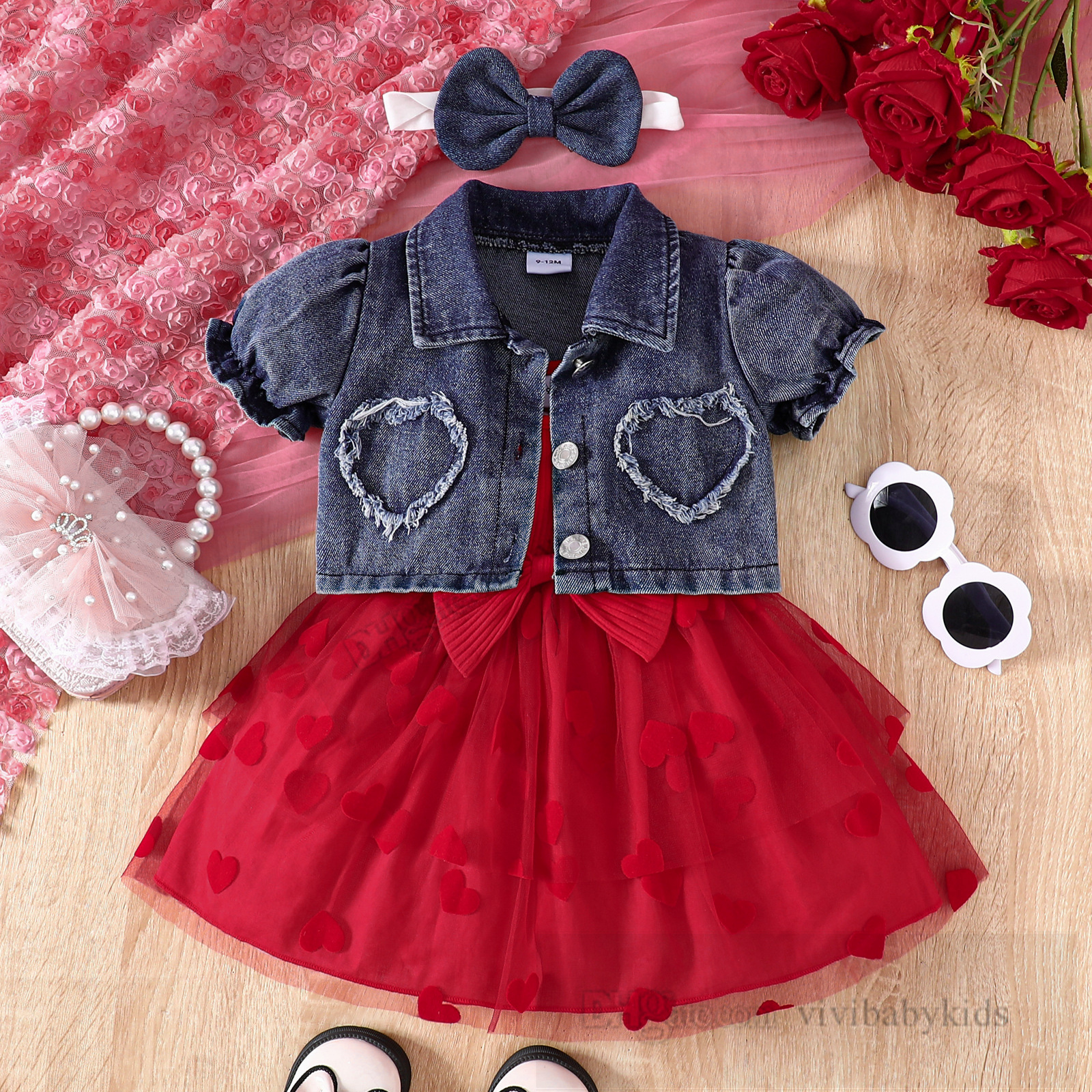 Baby clothing sets toddler kids Bows princess outfits infant girls love heart lace tulle suspender dress with lapel puff sleeve outwear Z7900
