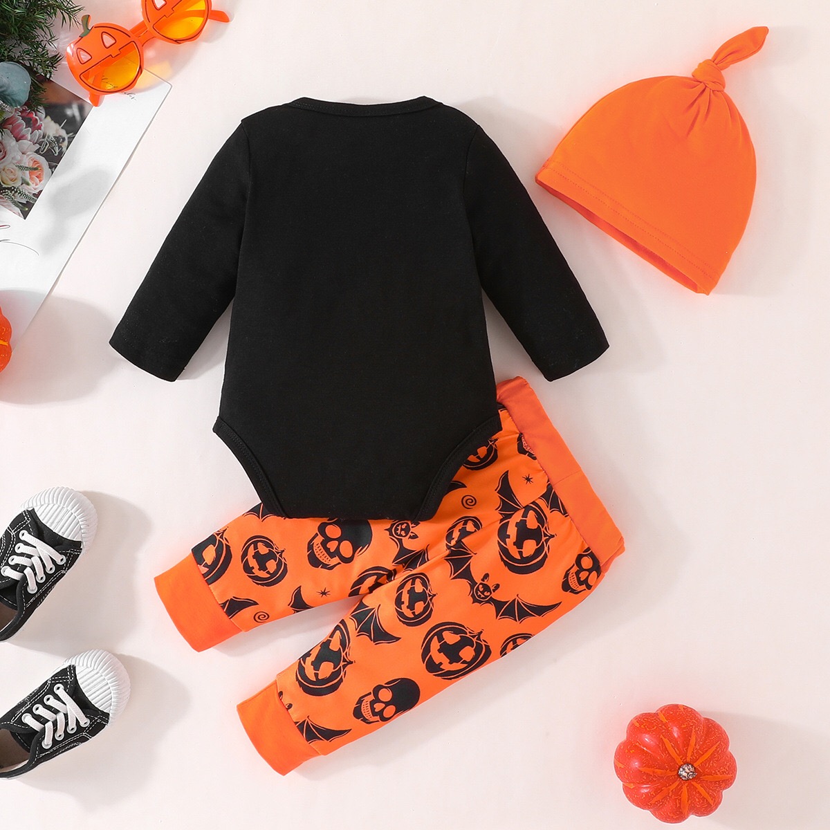 Jungen und Mädchen Baby Halloween Buchstaben Langarmärmel Hemd + Kürbismusterhose + Hutanzug