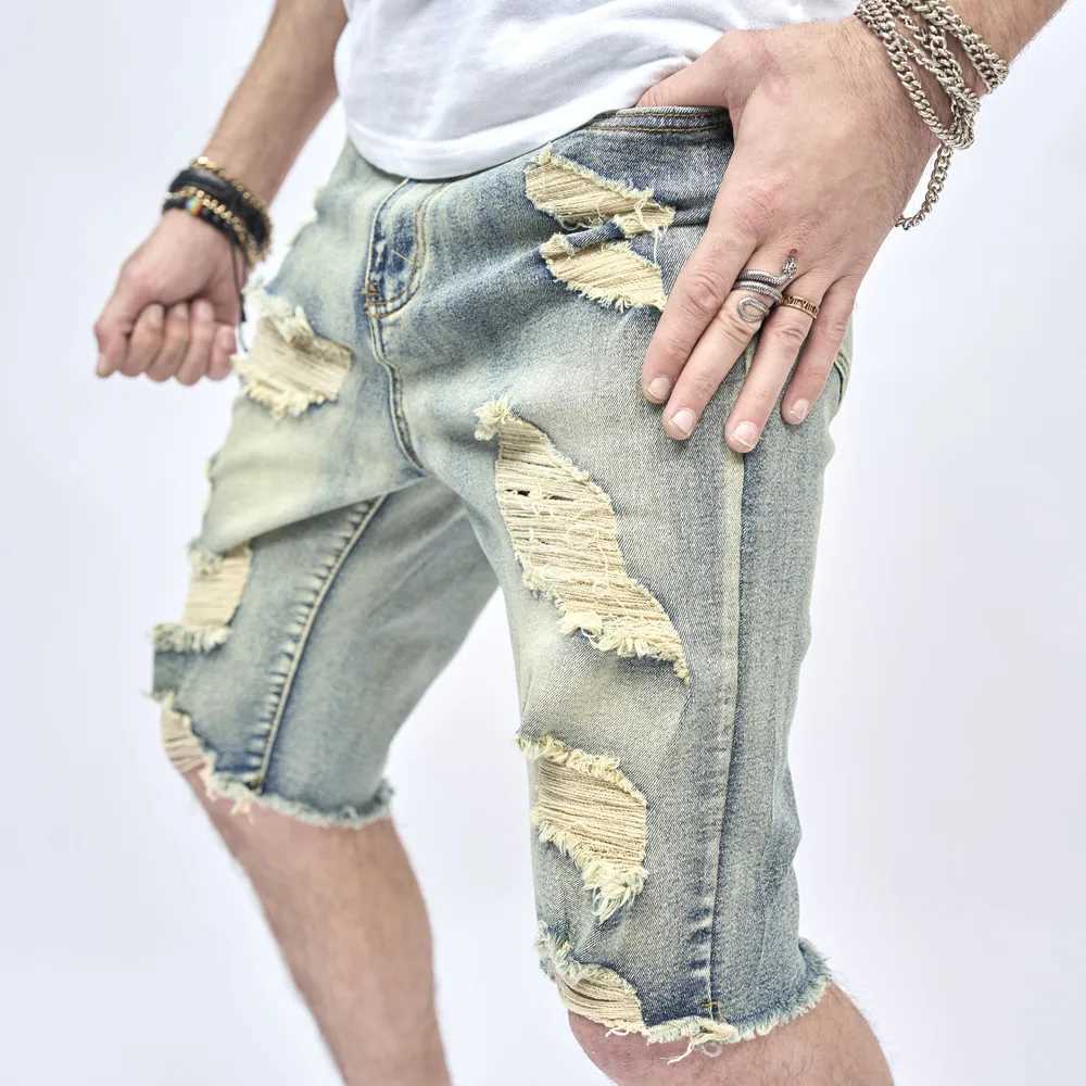 Herr jeans sommar retro stil trasig herr ultrat-tunn denim shorts fashionabla bomullsmän street hål hål casual strand rak shortsl2404