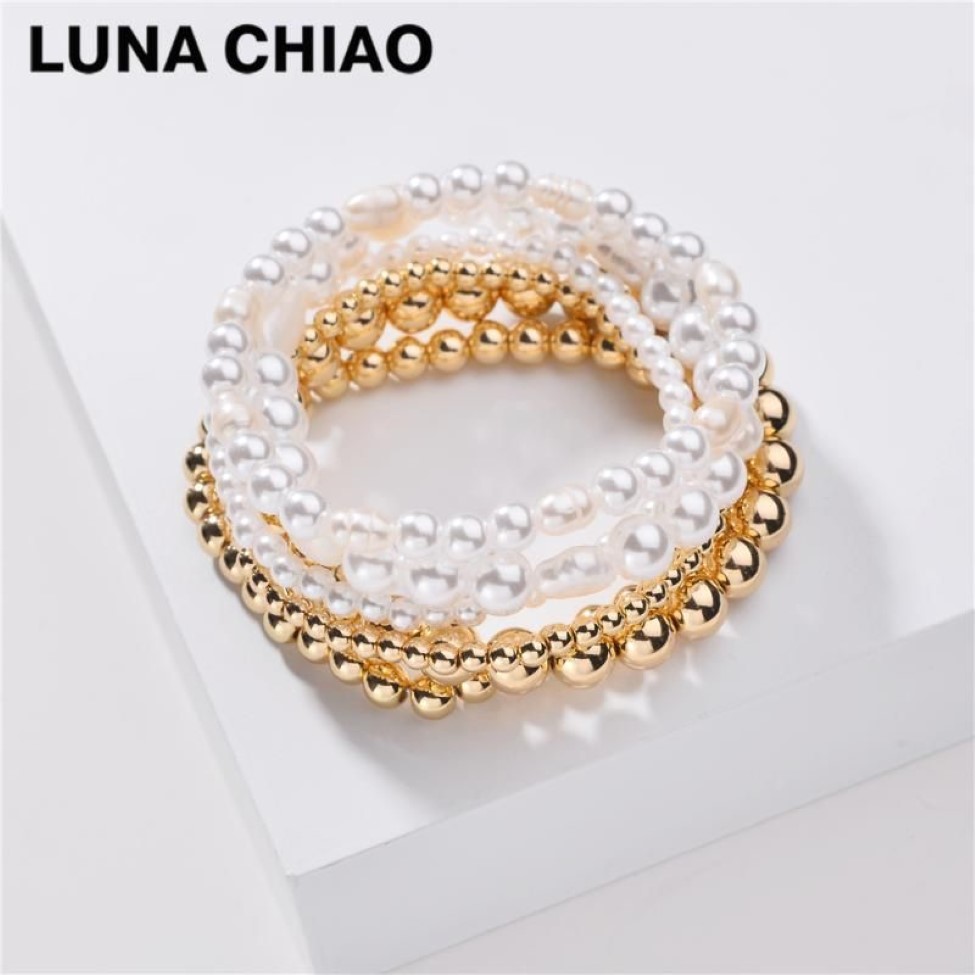 Fios de miçangas Chiao 2021 Trendy 6 peças Multi camadas de camadas empilhadas Pearl Gold Ball Breaded Bracelets Set2090