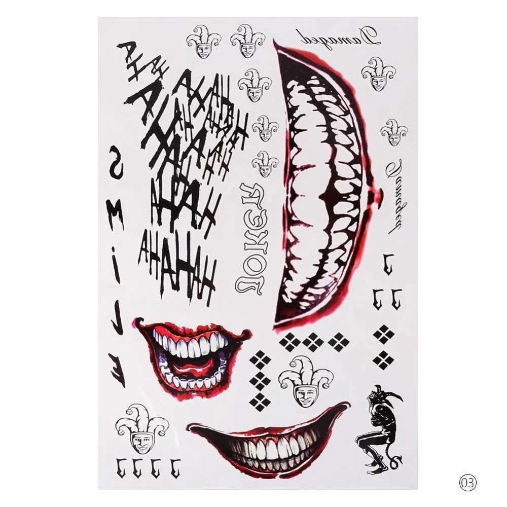 Tatuering Överföring Tillfällig tatuering klistermärke Skull Joker Clown Mönster Tatueringar Vattentät vattenöverföring Body Art Fake Tattoo For Women Men 240427