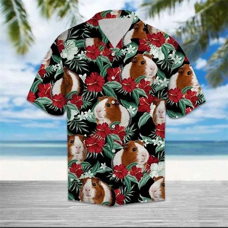 Camisas casuais masculinas Moda Moda de verão Camisetas Hawaiian Hamster Animal 3D Impressão aconchegante casual Camisas de um botão de manga curta Camisas de tamanho grande 240424