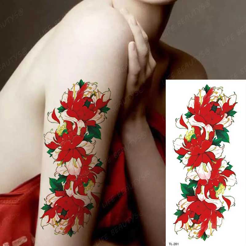 Dövme Transferi Güzellik Renkli Çiçek Lotus Siyah Gül Su Geçirmez Geçici Dövme Vücut Sanat Kol Kılıf Su Transferi Sahte Kadın Sticker 240427