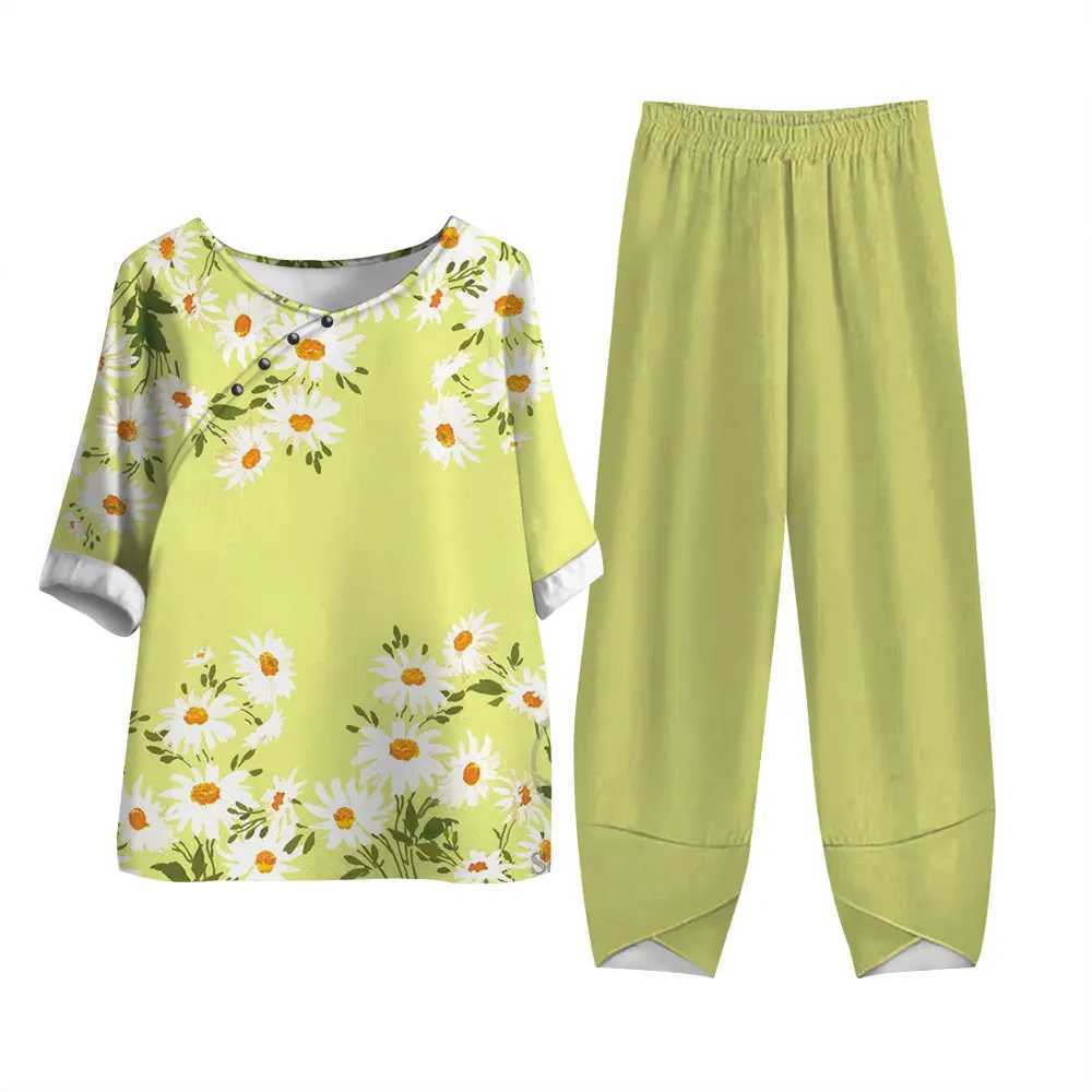 Women's Two Piece Pants Autumn Yellow Flower Print Two Piece Sets Half Slves Suits With Pants Pocket Loose Casual O Neck Tops T-shirt Long Pant Spring Y240426