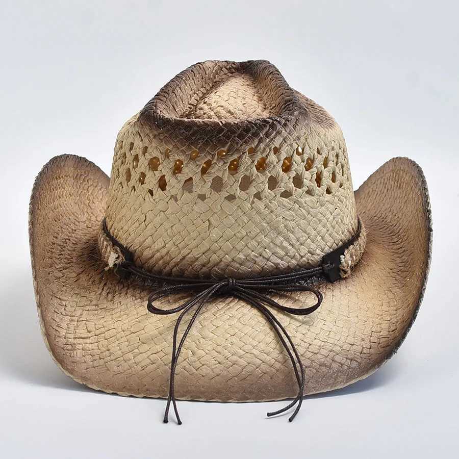 Chapeaux à bord large chapeau seau de seau tissé à la main Paille naturelle Western Cowboy pour femmes hommes Curling Brim Beach Sun Chapeaux de paille formeable Y240425