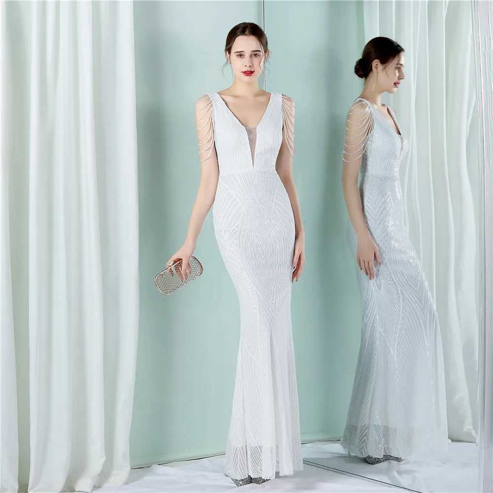 Runway Dresses Yidingzs Women White Beading Dress Long Prom Dress DP V Neck Sequin Evening Dress Sexig Party Maxi Dress Y240426