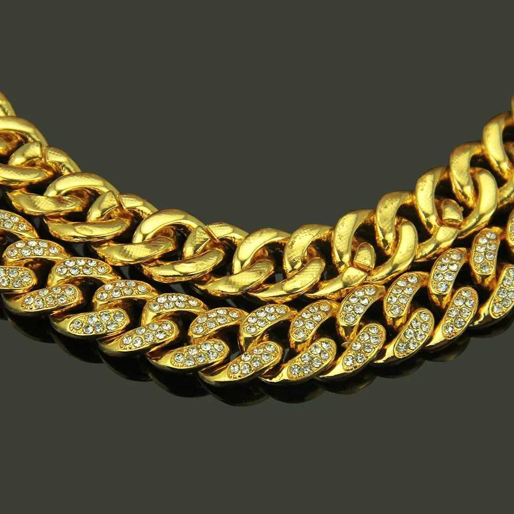 Strängar HNSP Luxury All Zircon 13mm Cuban Chain Mens Necklace Hip Hop Halsband Mens smycken Tillbehör 240424