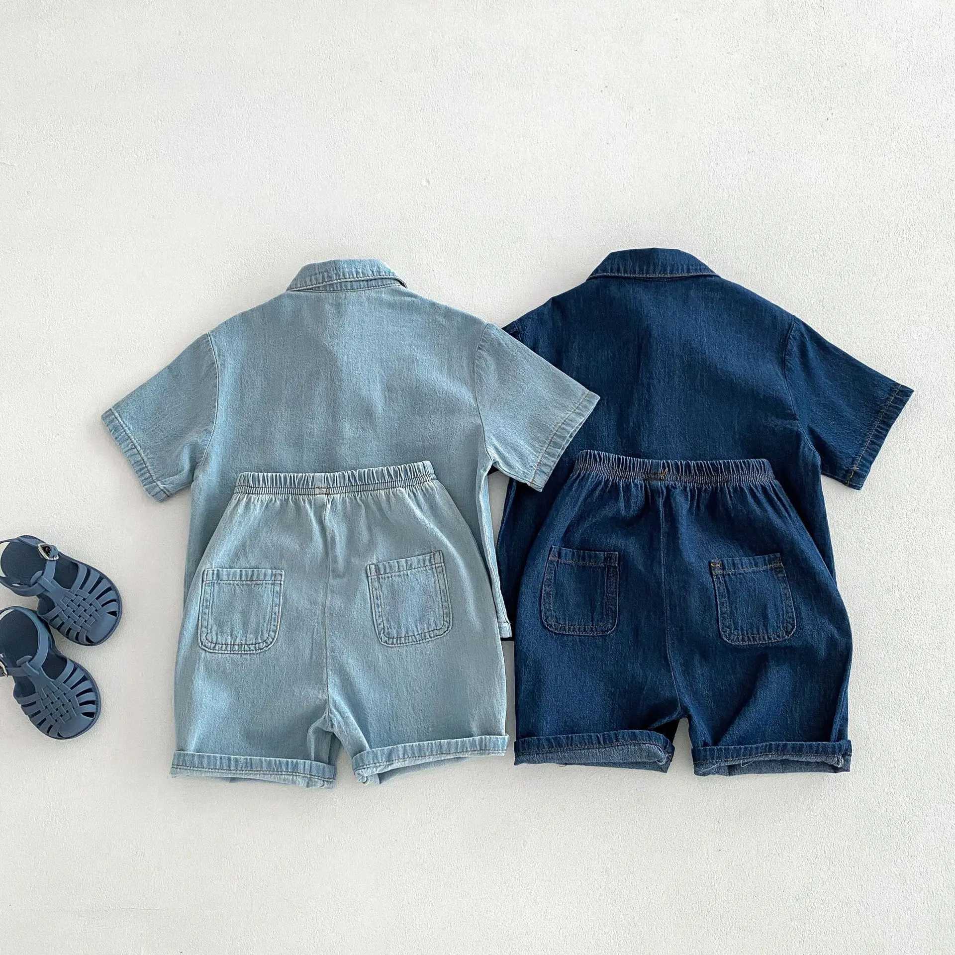 Kläder sätter barnkläder set denim flickor kläder kostym denim skjorta och shorts 2 st pojkar denim set ldren outfit h240509