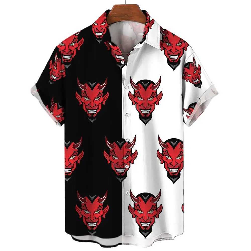 Men's Casual Shirts Summer Mens Hawaiian Casual Collar Shirts Short Sleeve Button Skeleton Demon Print Beach Floral Fashion Vintage Clothing XS-5XL 240424