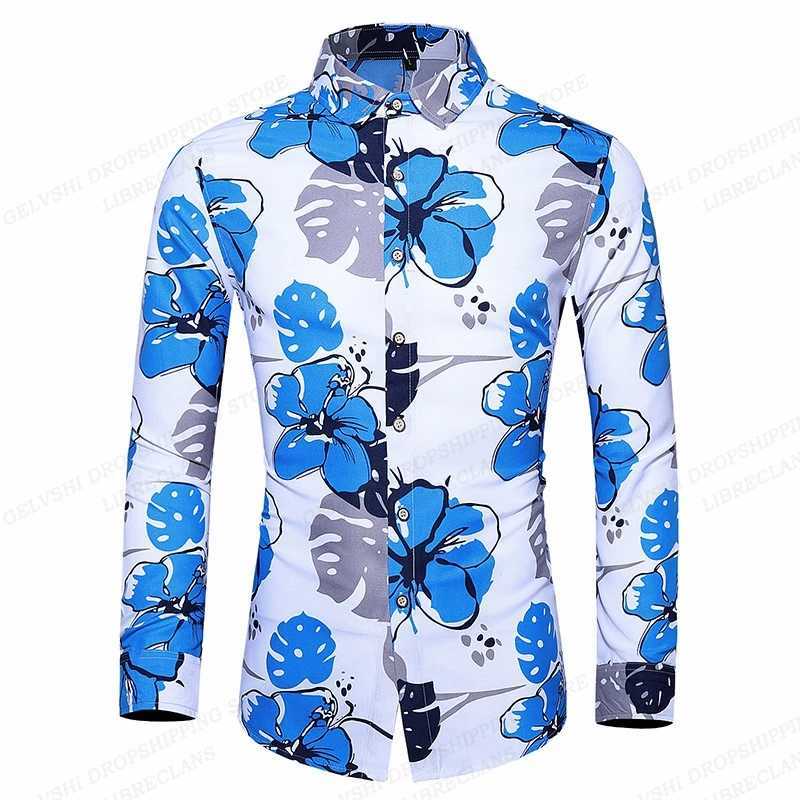 Casual shirts voor heren varen Hawaiiaanse shirts Casual lange mouw shirts heren mode shirt cuba strand blouse heren kleding omdraaien over bloemen camisas 240424