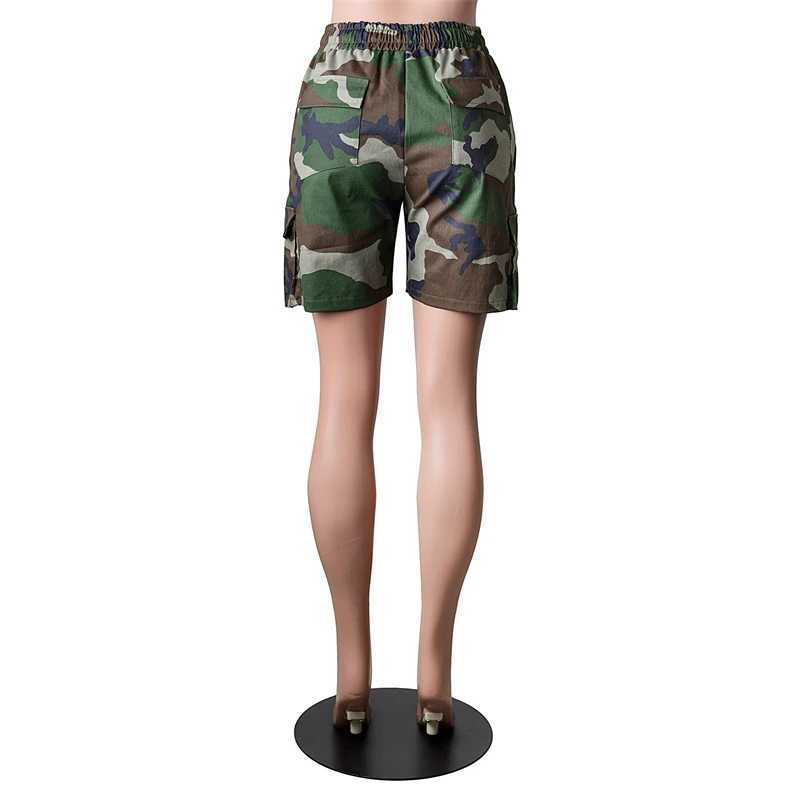 Women's Shorts Camouflage Cargo Shorts Women Summer Multi Pockets Elastic High Waist Lace Up Loose Casual Strt Mid Pants Camo Baggy Trousers Y240425