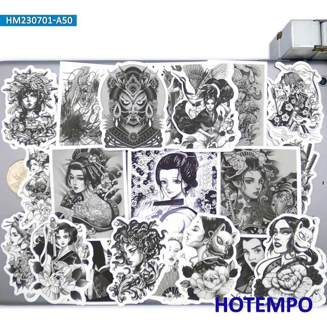 Tattoo Transfer 20/30/Black White Style Ukiyo-e Geisha Tattoo Girls Stickers for Motorcycle Car Bike Luggage Phone Laptop Sticker Toys 240426