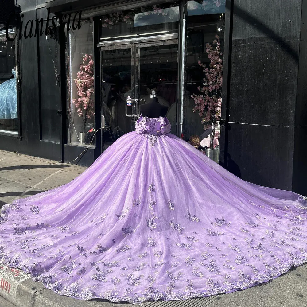 Lilac Quinceanera Sukienki 2024 Cequine ręcznie robione kwiaty 3D Słodka 16 suknia balowa koronkowa w górę Vestidos de 15