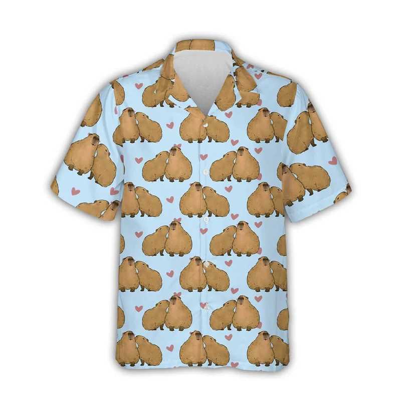 Casual shirts voor heren kawaii capybara grafische shirts voor mannen kleding 3d print Hawaiian Aloha strand shirt korte mouw y2k schattige kinderen tops revers blouse 240424