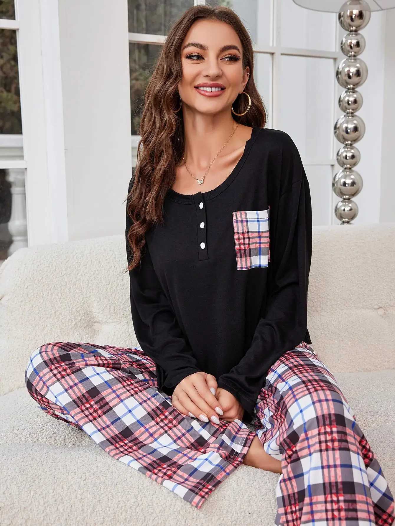 Women's Sleepwear Front Button Women Pajama Sets Long Slves Screw Neck Top Full-Length Plaid Pants Female Slpwear For Spring Fall Y240426