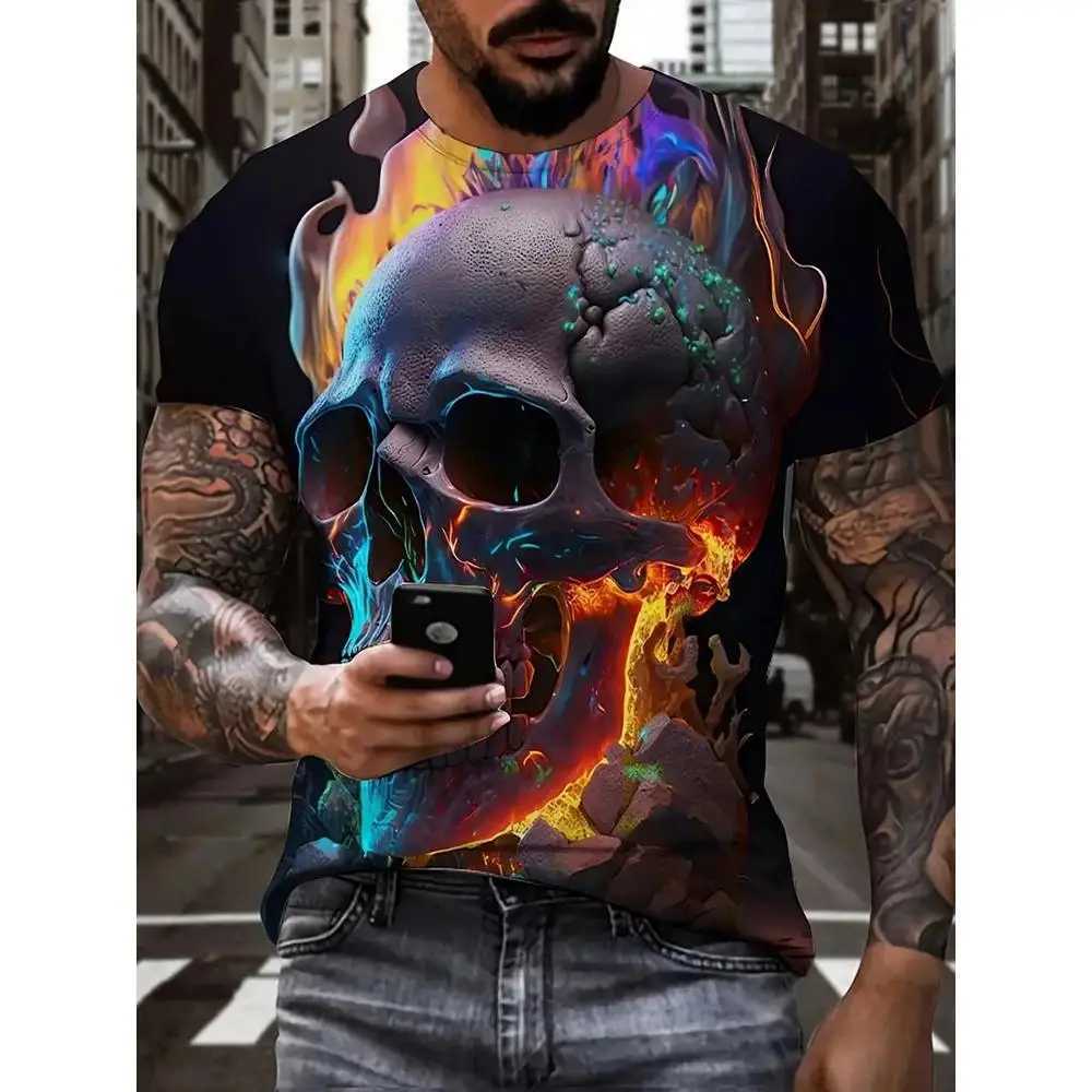 Men's T-Shirts Mens T Shirt Skeleton Pattern Tr 3d Print Summer Fashion Short Slve Crew Neck T Shirt Casual Outdoor Oversized Clothing T240425