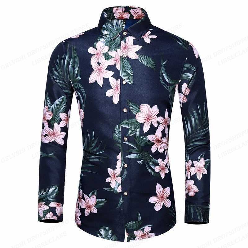 Camisas casuais masculinas camisas florais camisa de moda de moda de manga longa camisas havaianas Blush de praia Cuba Botão masculina Botão