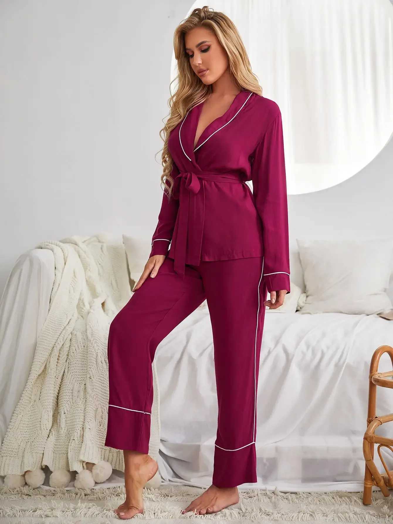 Women's Sleepwear Solid Women Pajama Set Wrap V Neck Long Slves Waist Belt Top Long Pants Slpwear Female Nightwear Homwear Cloth Y240426