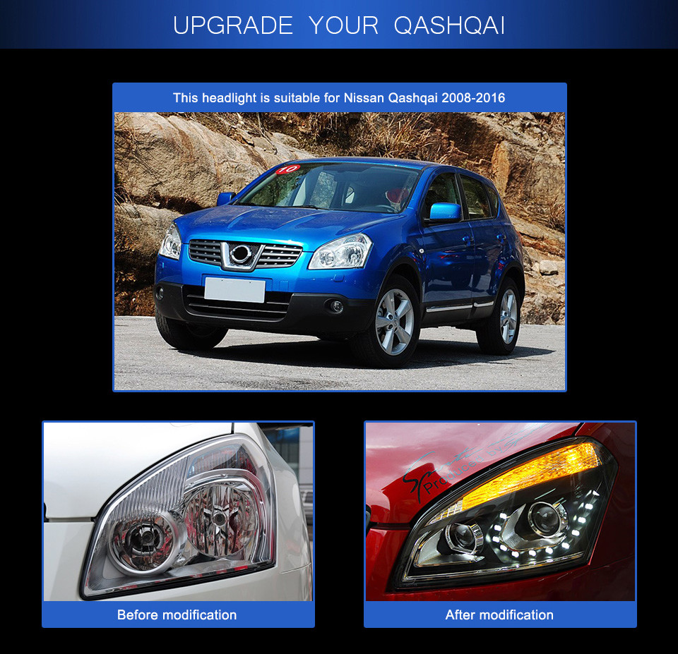 Señal de giro del automóvil Lámpara de haz alta para Nissan Qashqai 2007-2016 LED BEARLA LED Altima Daytime Running Head Light Lens