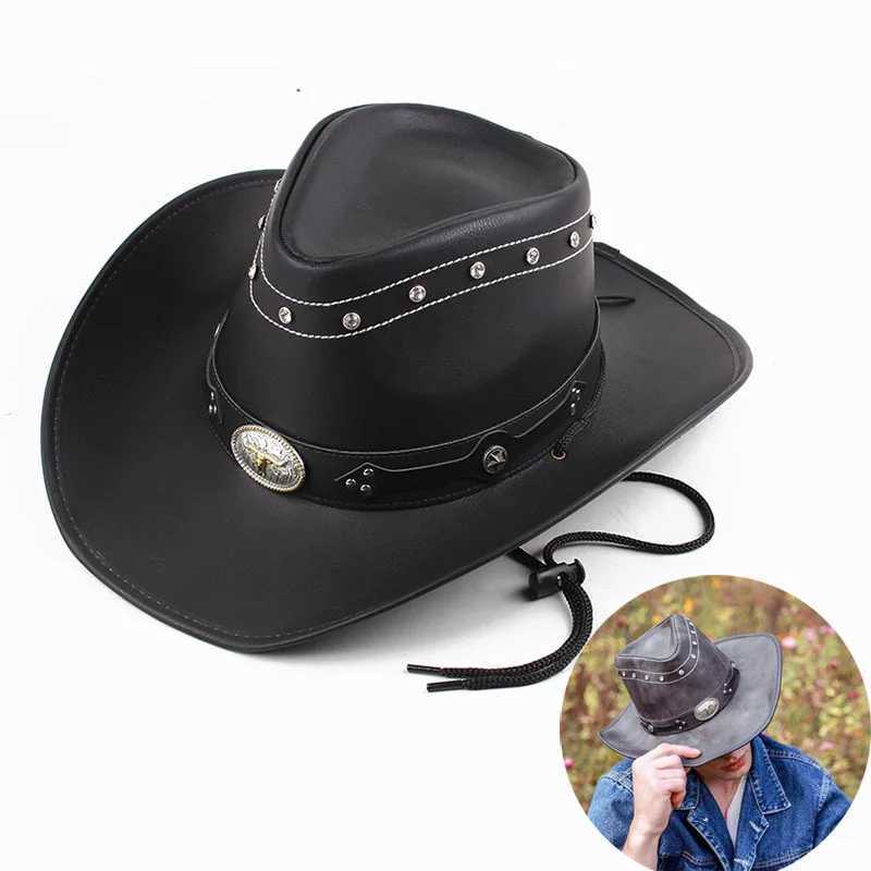 Breda randen hattar hink hattar nya % läder västra cowboy hatt tjurformade dekor panama hattar för män reser riddare country hatt sombrero hombre y240425