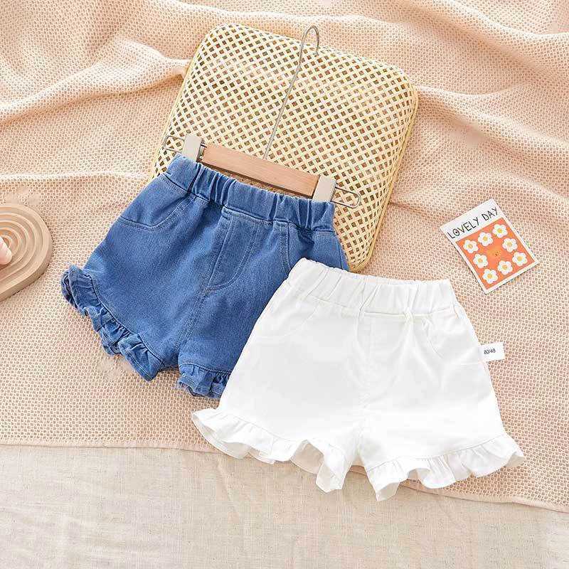 Shorts Summer Kids Pants Fashion Girls New Denim Ruffle Shorts ldrens Wear Teenage Girl Jeans H240426