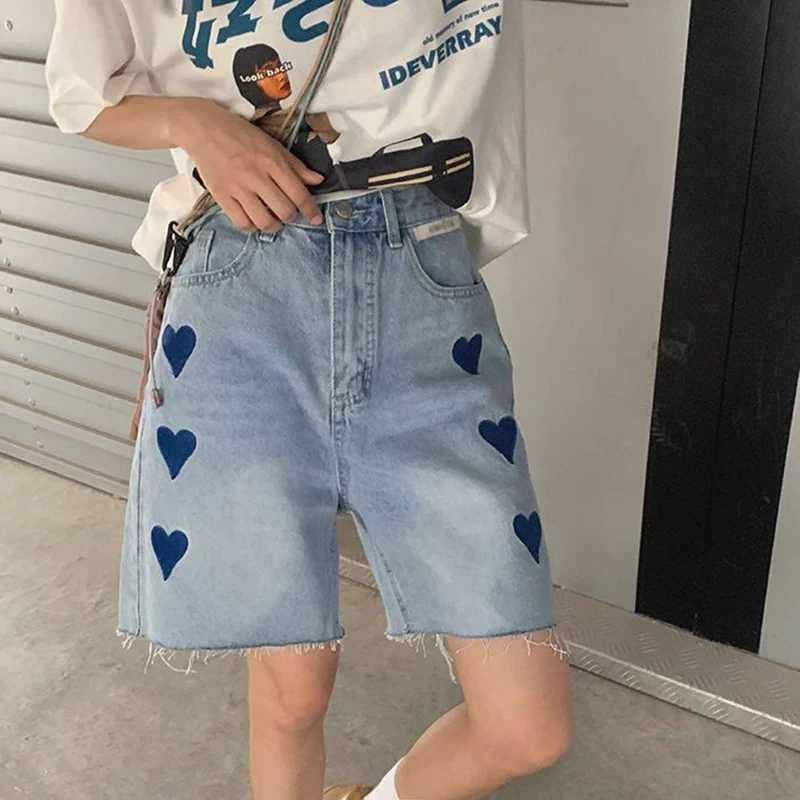 Kvinnors shorts gidyq kvinnor hög midja denim shorts koreansk mode kärlek broderade breda ben byxor kvinnor skjorta tassel lösa jeans nya y240425