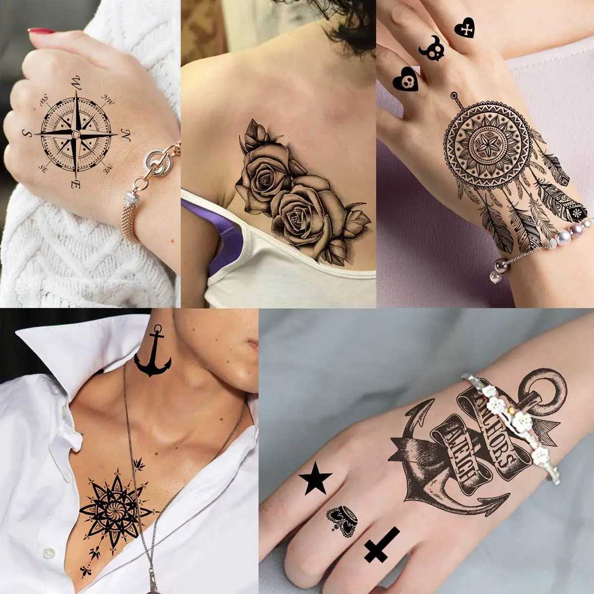 Transfert de tatouage 66 feuilles petits tatouages temporaires noirs pour femmes hommes face coulle faux tatouage autocollant réaliste du crâne de fleur étoile tatoos kits fun 240426