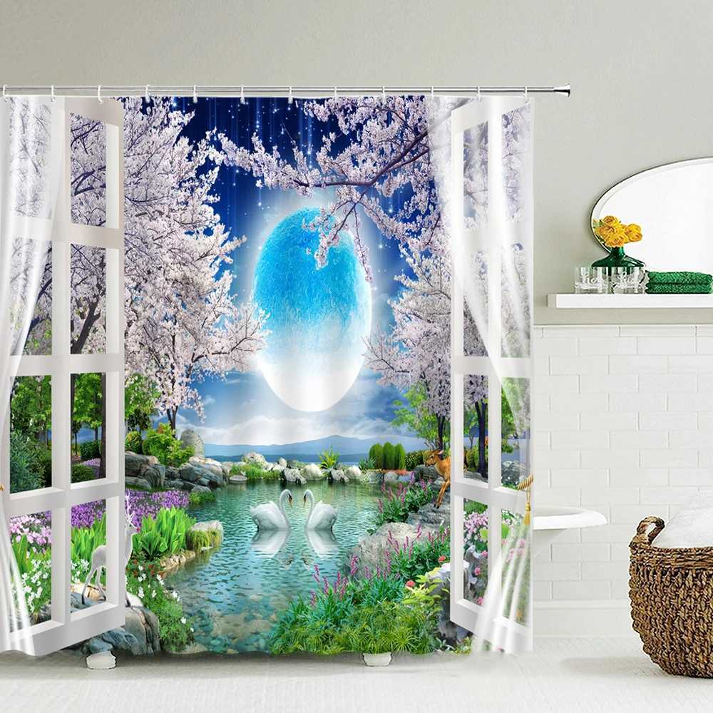 Zasłony prysznicowe Sceneria na zewnątrz okna zasłony prysznicowe 3D druk w ogrodzie wodoodporna tkanina łazienki ekran kąpielowy z haczykiem