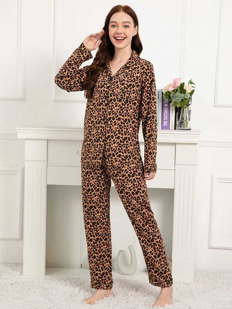 Kvinnors sömnkläder plus storlek S-3XL Leopard Print Womens Home Clothes Set Loose Long Slve Pyjamas Female Casual 100% Viscose Slpwear Y240426