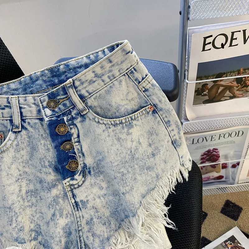 Kvinnors shorts koreanska sommaren hög midja singelbröst a-line jeans shorts tofs raw kant denim shorts för kvinnor y240425