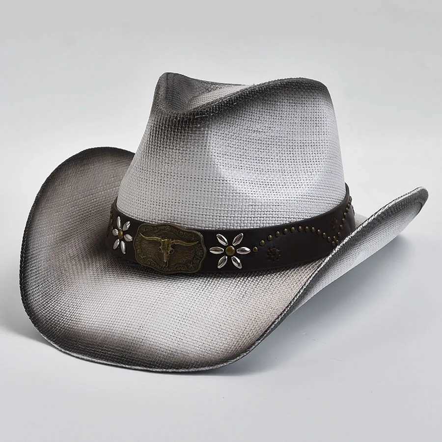 Breite Krempelnhüte Eimer Hüte Vintage Curled Edge Western Cowboy Hut für Herren Frauen Sommer verdickter Strohstrand Sonne Hut Sombrero Hombre Y240425