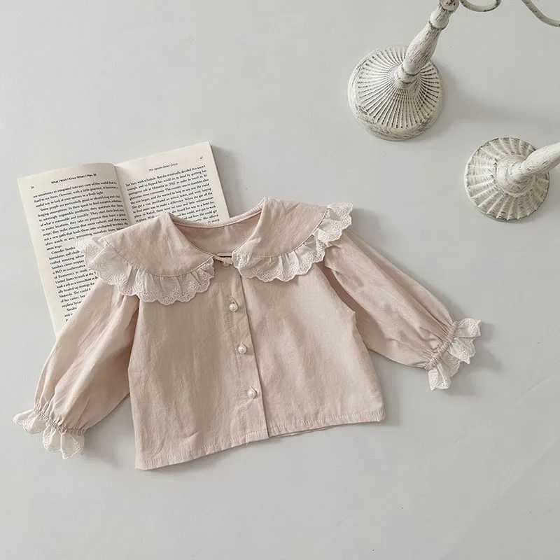 Kids shirts 0-2y nieuwe lente baby shirt meisjes mooie kanten jas peuter uit het versleten kleding baby schattige blouse H240426