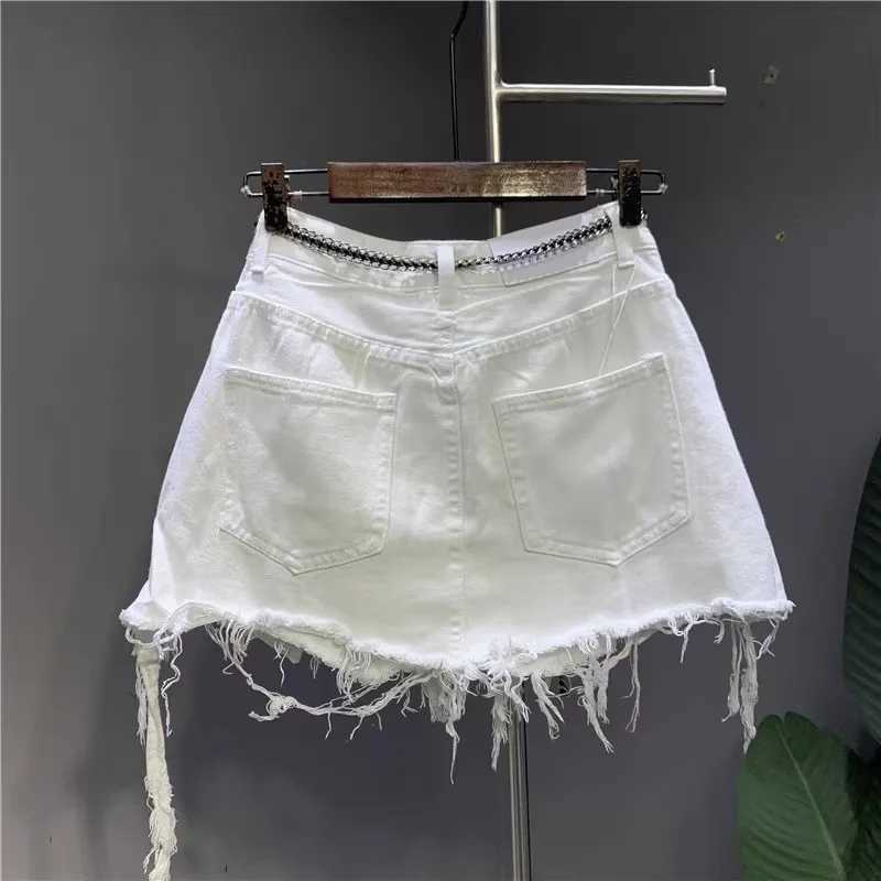 Women's Shorts 2024 New Korean White Raw Irregular Denim Skirt Womens Anti-Walk Naked Hole Pocket Exposed Short Skirt Y240425