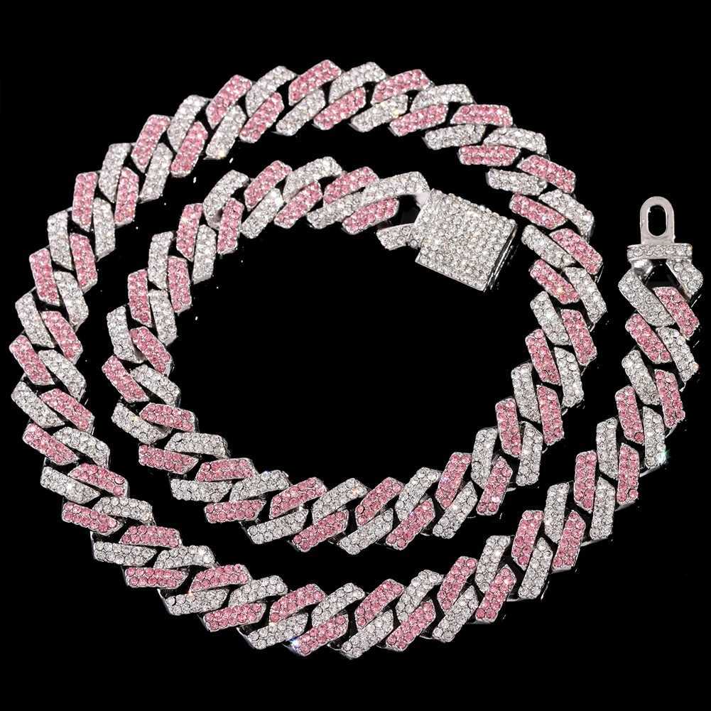 Strands Hip Hop Pink Crystal Cuban Chain Necklace Suitable for Women Sparkling Silver Diamond Edge Necklace Jewelry 240424