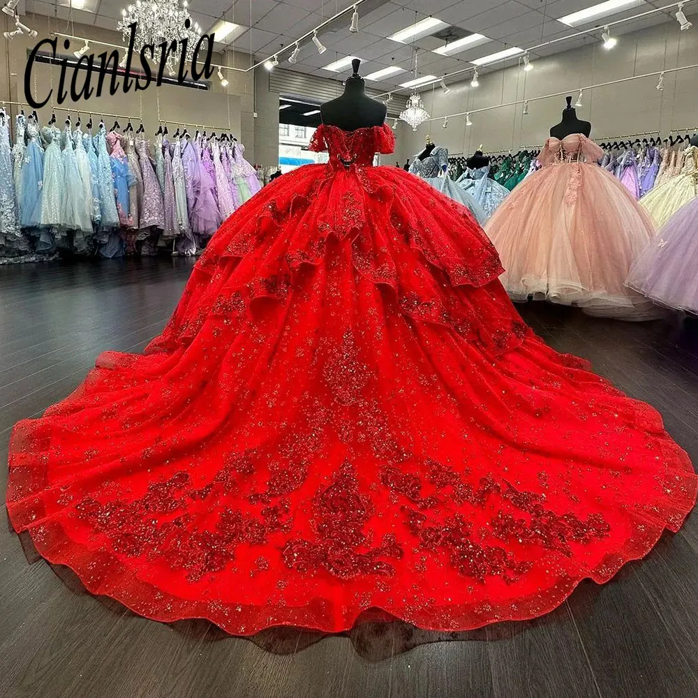 Off The Shoulder Dresses 15 Years Red Stick Quinceanera Dress Sweet 16 Ball Gown Princess Birthday Gowns Lace Appliques