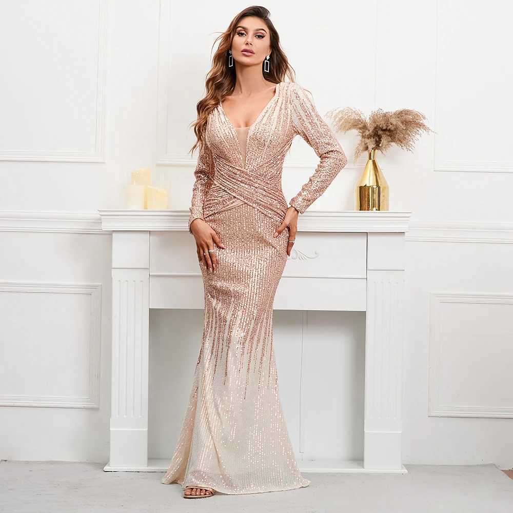 Runway Dresses YIDINGZS Stretch Gold Sequined Maxi Dress Full Slve V Neck Mermaid Evening Night Long Party Prom Dress 19037 Y240426