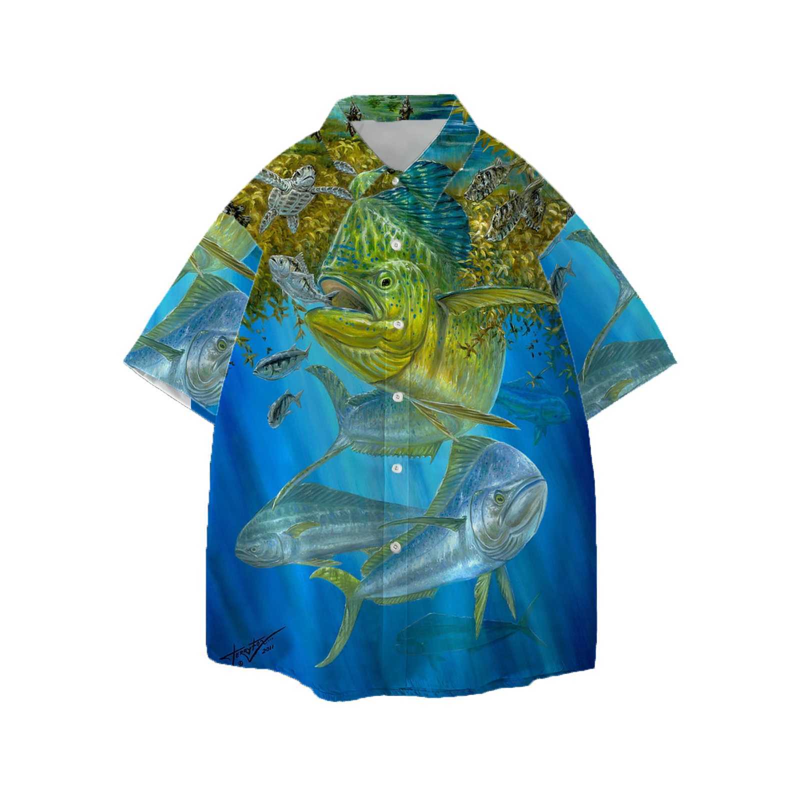 Mäns avslappnade skjortor Jumeast Ocean Fish Men Hawaiian Shirt Seascape Graphic Aloha Shirts Unisex Baggy Beach Blus Shark Youth Clothing Harajuku Topps 240424